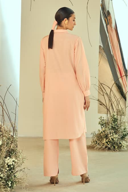 Shop Origani Peach Cotton, Silk Embroidery Collared Floral Applique Kurta With Pant at Aza Fashions Shop_Origani_Peach Cotton, Silk Embroidery Collared Floral Applique Kurta With Pant _at_Aza_Fashions