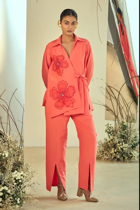 ORIGANI Coral Cotton Silk Embellished Applique Flat Collar Angrakha Shirt With Pant