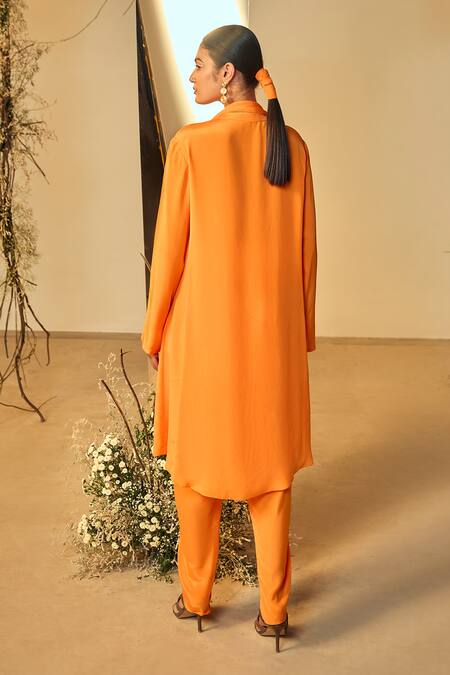 Shop Origani Orange Crepe Embroidery Round Asymmetric Attached Cowl Kurta With Tulip Pant at Aza Fashions Shop_Origani_Orange Crepe Embroidery Round Asymmetric Attached Cowl Kurta With Tulip Pant _at_Aza_Fashions