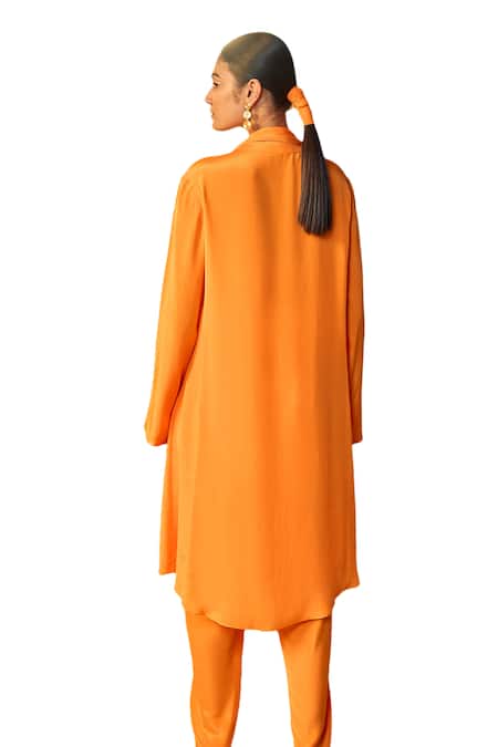 Origani Orange Crepe Embroidery Round Asymmetric Attached Cowl Kurta With Tulip Pant Online at Aza Fashions Origani_Orange Crepe Embroidery Round Asymmetric Attached Cowl Kurta With Tulip Pant _Online_at_Aza_Fashions