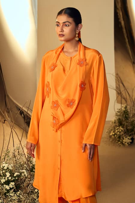 Buy Origani Orange Crepe Embroidery Round Asymmetric Attached Cowl Kurta With Tulip Pant Online at Aza Fashions Buy_Origani_Orange Crepe Embroidery Round Asymmetric Attached Cowl Kurta With Tulip Pant _Online_at_Aza_Fashions