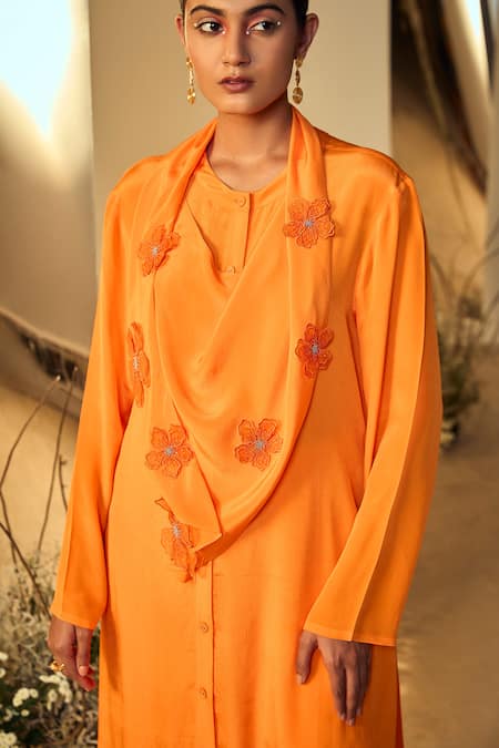 Shop Origani Orange Crepe Embroidery Round Asymmetric Attached Cowl Kurta With Tulip Pant Online at Aza Fashions Shop_Origani_Orange Crepe Embroidery Round Asymmetric Attached Cowl Kurta With Tulip Pant _Online_at_Aza_Fashions