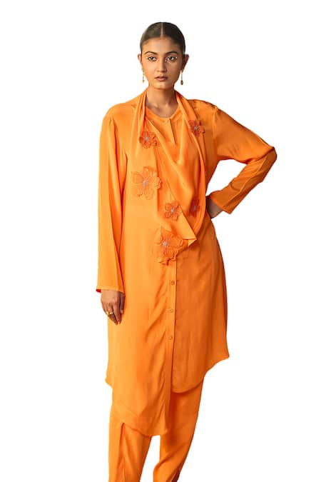 Origani Orange Crepe Embroidery Round Asymmetric Attached Cowl Kurta With Tulip Pant at Aza Fashions Origani_Orange Crepe Embroidery Round Asymmetric Attached Cowl Kurta With Tulip Pant _at_Aza_Fashions