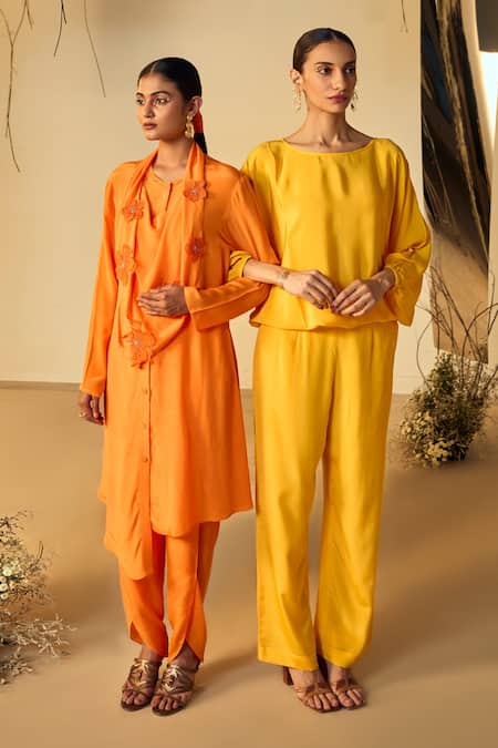 Buy Origani Orange Crepe Embroidery Round Asymmetric Attached Cowl Kurta With Tulip Pant Buy_Origani_Orange Crepe Embroidery Round Asymmetric Attached Cowl Kurta With Tulip Pant