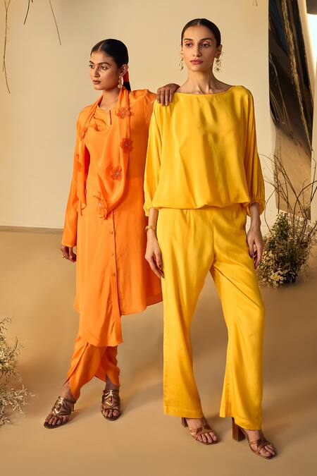 Shop Origani Orange Crepe Embroidery Round Asymmetric Attached Cowl Kurta With Tulip Pant Shop_Origani_Orange Crepe Embroidery Round Asymmetric Attached Cowl Kurta With Tulip Pant