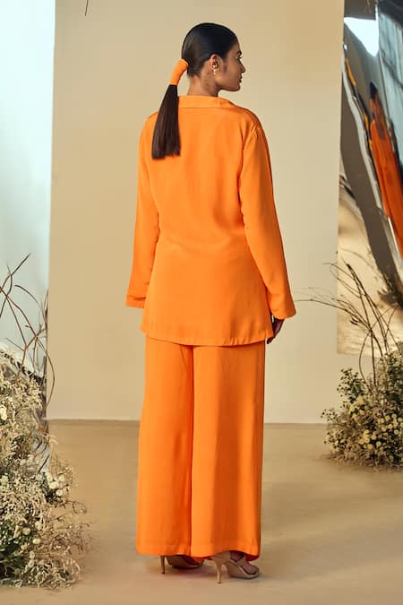 Shop Origani Orange Crepe Applique, Embroidery Shawl Neck Jacket Shirt Pant Set at Aza Fashions Shop_Origani_Orange Crepe Applique, Embroidery Shawl Neck Jacket Shirt Pant Set _at_Aza_Fashions