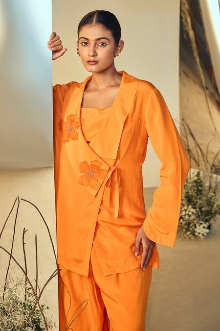 Origani Orange Crepe Applique, Embroidery Shawl Neck Jacket Shirt Pant Set Online at Aza Fashions Origani_Orange Crepe Applique, Embroidery Shawl Neck Jacket Shirt Pant Set _Online_at_Aza_Fashions