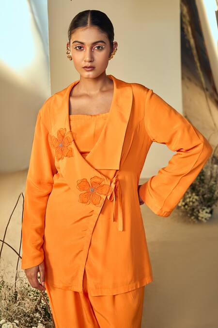 Buy Origani Orange Crepe Applique, Embroidery Shawl Neck Jacket Shirt Pant Set Online at Aza Fashions Buy_Origani_Orange Crepe Applique, Embroidery Shawl Neck Jacket Shirt Pant Set _Online_at_Aza_Fashions