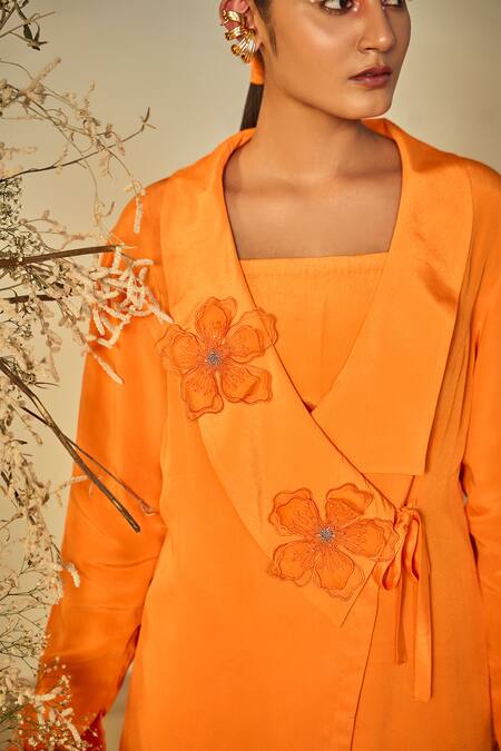 Shop Origani Orange Crepe Applique, Embroidery Shawl Neck Jacket Shirt Pant Set Online at Aza Fashions Shop_Origani_Orange Crepe Applique, Embroidery Shawl Neck Jacket Shirt Pant Set _Online_at_Aza_Fashions