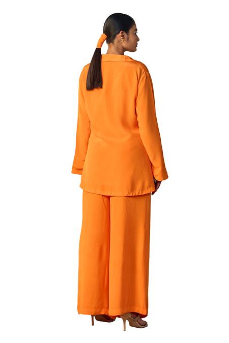 Origani Orange Crepe Applique, Embroidery Shawl Neck Jacket Shirt Pant Set at Aza Fashions Origani_Orange Crepe Applique, Embroidery Shawl Neck Jacket Shirt Pant Set _at_Aza_Fashions