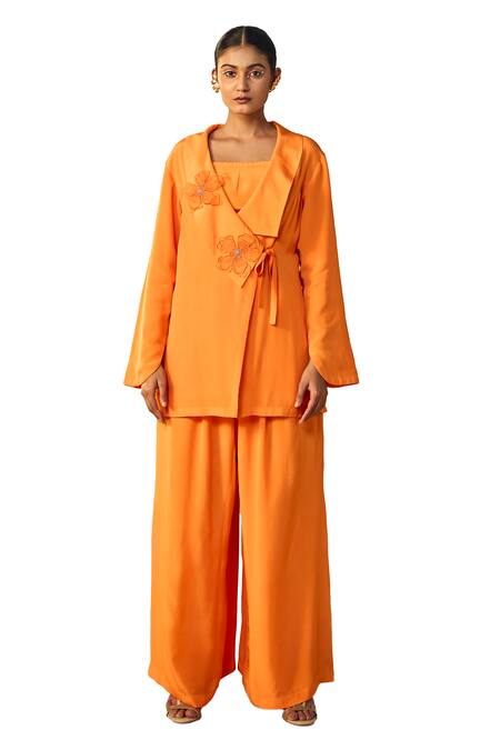 Buy Origani Orange Crepe Applique, Embroidery Shawl Neck Jacket Shirt Pant Set Buy_Origani_Orange Crepe Applique, Embroidery Shawl Neck Jacket Shirt Pant Set