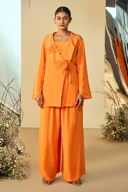 Shop Origani Orange Crepe Applique, Embroidery Shawl Neck Jacket Shirt Pant Set Shop_Origani_Orange Crepe Applique, Embroidery Shawl Neck Jacket Shirt Pant Set