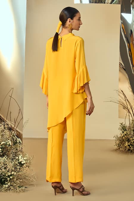 Shop_Origani_Yellow Crepe Applique Collared Asymmetric Kurta With Pant _at_Aza_Fashions