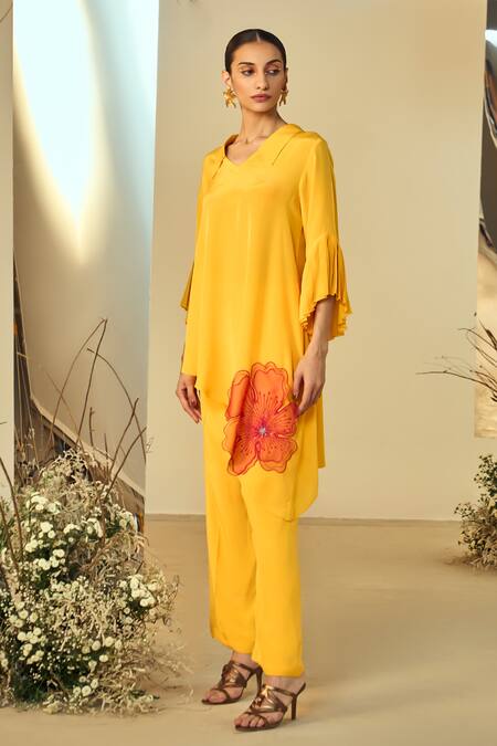 Origani_Yellow Crepe Applique Collared Asymmetric Kurta With Pant _Online_at_Aza_Fashions