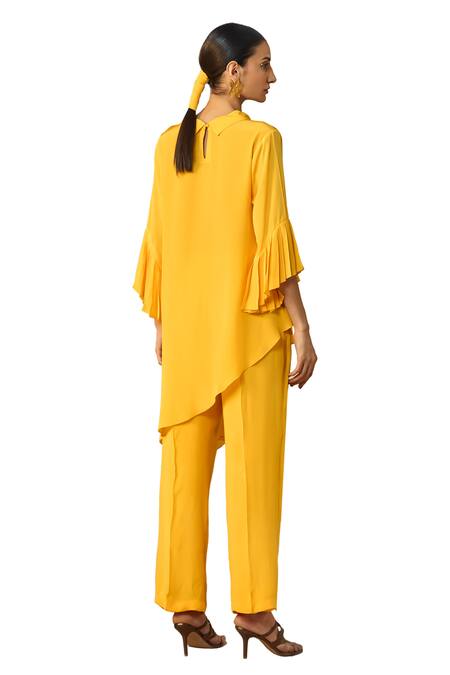 Shop_Origani_Yellow Crepe Applique Collared Asymmetric Kurta With Pant _Online_at_Aza_Fashions