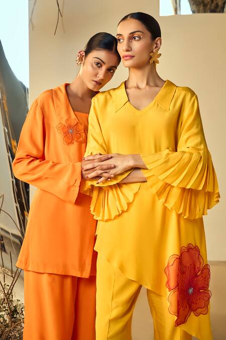 Shop_Origani_Yellow Crepe Applique Collared Asymmetric Kurta With Pant 