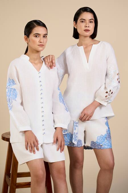 Buy Origani White Linen Embroidery Dove Sleeve Blouse Online at Aza Fashions Buy_Origani_White Linen Embroidery Dove Sleeve Blouse _Online_at_Aza_Fashions