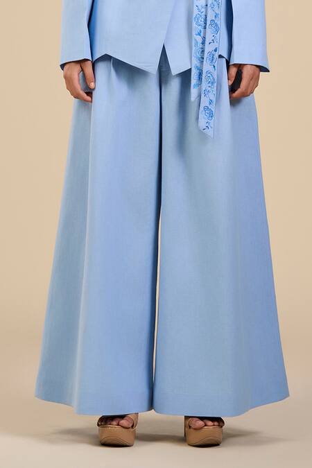 Buy Origani Blue Linen, Voile Embroidery V-neck Rosette Jacket With Pant Online at Aza Fashions Buy_Origani_Blue Linen, Voile Embroidery V-neck Rosette Jacket With Pant _Online_at_Aza_Fashions