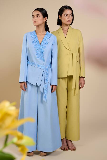 Shop Origani Blue Linen, Voile Embroidery V-neck Rosette Jacket With Pant Online at Aza Fashions Shop_Origani_Blue Linen, Voile Embroidery V-neck Rosette Jacket With Pant _Online_at_Aza_Fashions