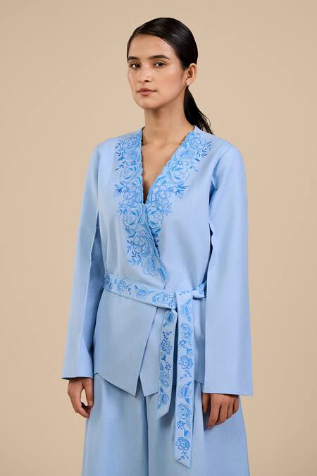 Origani Blue Linen, Voile Embroidery V-neck Rosette Jacket With Pant at Aza Fashions Origani_Blue Linen, Voile Embroidery V-neck Rosette Jacket With Pant _at_Aza_Fashions