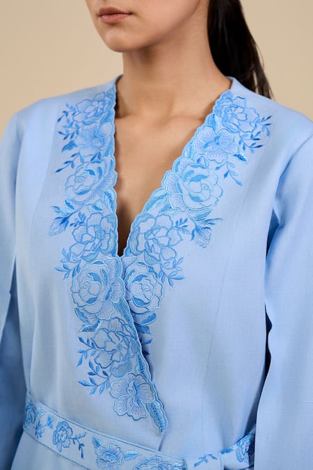 Origani Blue Linen, Voile Embroidery V-neck Rosette Jacket With Belt Online at Aza Fashions Origani_Blue Linen, Voile Embroidery V-neck Rosette Jacket With Belt _Online_at_Aza_Fashions
