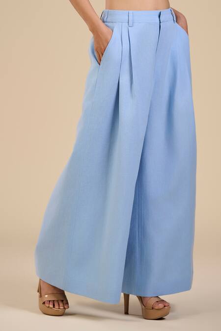 Origani_Blue Linen Blend Plain Flared Trouser_Online_at_Aza_Fashions