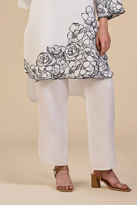 Buy Origani White Linen Embroidery V-neck Rose Garden Tunic With Pant Online at Aza Fashions Buy_Origani_White Linen Embroidery V-neck Rose Garden Tunic With Pant _Online_at_Aza_Fashions