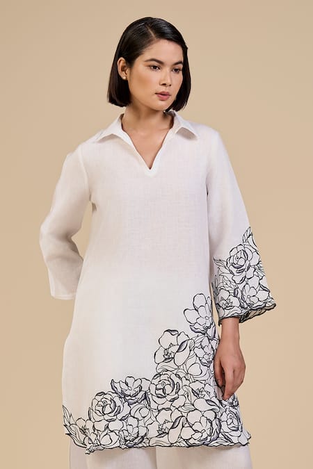 Shop Origani White Linen Embroidery V-neck Rose Garden Tunic With Pant Online at Aza Fashions Shop_Origani_White Linen Embroidery V-neck Rose Garden Tunic With Pant _Online_at_Aza_Fashions