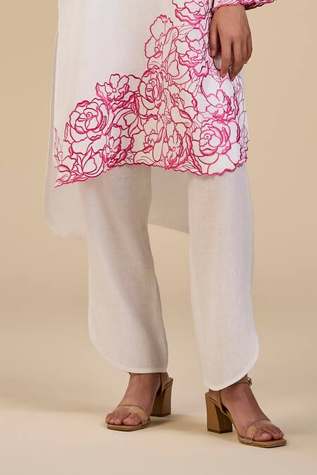 Origani White Linen Embroidery V-neck Rose Garden Tunic And Pant Set Online at Aza Fashions Origani_White Linen Embroidery V-neck Rose Garden Tunic And Pant Set _Online_at_Aza_Fashions