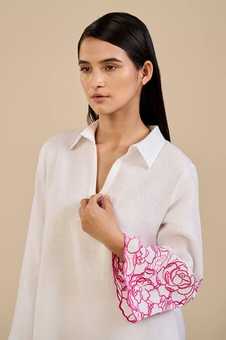 Buy Origani White Linen Embroidery V-neck Rose Garden Tunic And Pant Set Online at Aza Fashions Buy_Origani_White Linen Embroidery V-neck Rose Garden Tunic And Pant Set _Online_at_Aza_Fashions