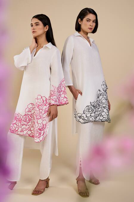 Shop Origani White Linen Embroidery V-neck Rose Garden Tunic And Pant Set Online at Aza Fashions Shop_Origani_White Linen Embroidery V-neck Rose Garden Tunic And Pant Set _Online_at_Aza_Fashions