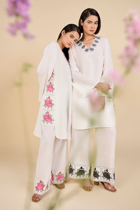Shop Origani White Linen Embroidery V-neck Primrose Tunic With Pant Online at Aza Fashions Shop_Origani_White Linen Embroidery V-neck Primrose Tunic With Pant _Online_at_Aza_Fashions