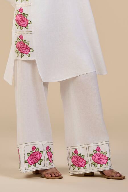 Buy Origani White Linen Embroidery V-neck Primrose Tunic And Pant Set Online at Aza Fashions Buy_Origani_White Linen Embroidery V-neck Primrose Tunic And Pant Set _Online_at_Aza_Fashions