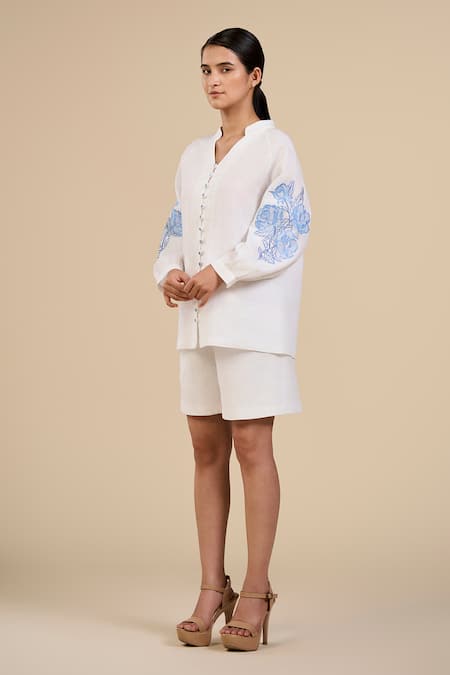 Origani White Linen Embroidery Collared Rosette Sleeve Blouse Online at Aza Fashions Origani_White Linen Embroidery Collared Rosette Sleeve Blouse _Online_at_Aza_Fashions