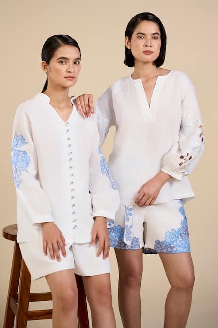 Buy Origani White Linen Embroidery Collared Rosette Sleeve Blouse Online at Aza Fashions Buy_Origani_White Linen Embroidery Collared Rosette Sleeve Blouse _Online_at_Aza_Fashions