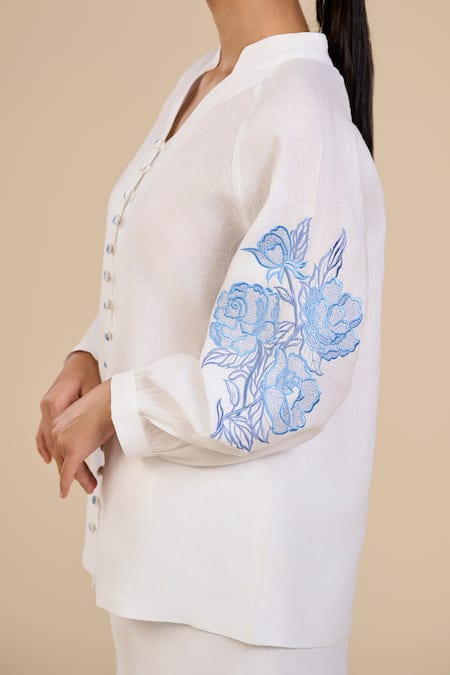 Shop Origani White Linen Embroidery Collared Rosette Sleeve Blouse Online at Aza Fashions Shop_Origani_White Linen Embroidery Collared Rosette Sleeve Blouse _Online_at_Aza_Fashions