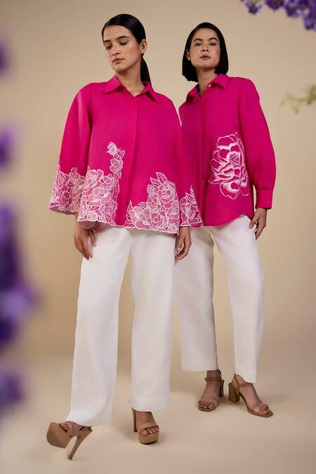 Buy Origani Pink Linen Embroidery Collared Blooming Rose Shirt Online at Aza Fashions Buy_Origani_Pink Linen Embroidery Collared Blooming Rose Shirt _Online_at_Aza_Fashions