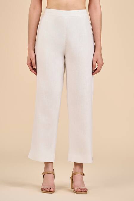 Origani White 100% Linen Plain Petal Slit Pant Online at Aza Fashions Origani_White 100% Linen Plain Petal Slit Pant_Online_at_Aza_Fashions