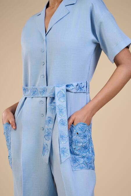 Buy Origani Blue Linen, Voile Embroidery Floral Cutwork Patch Pocket Jumpsuit With Belt Online at Aza Fashions Buy_Origani_Blue Linen, Voile Embroidery Floral Cutwork Patch Pocket Jumpsuit With Belt _Online_at_Aza_Fashions