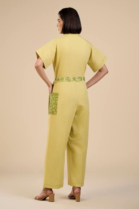 Shop Origani Green Linen, Voile Embroidery Collared Floral Patchwork Jumpsuit With Belt at Aza Fashions Shop_Origani_Green Linen, Voile Embroidery Collared Floral Patchwork Jumpsuit With Belt _at_Aza_Fashions