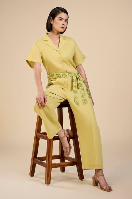 Buy Origani Green Linen, Voile Embroidery Collared Floral Patchwork Jumpsuit With Belt Online at Aza Fashions Buy_Origani_Green Linen, Voile Embroidery Collared Floral Patchwork Jumpsuit With Belt _Online_at_Aza_Fashions