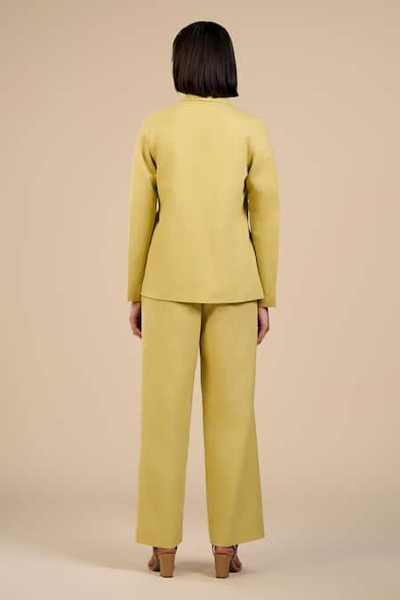 Origani Green Linen, Voile Shawl Neck Collar Jacket And Pant Set Online at Aza Fashions Origani_Green Linen, Voile Shawl Neck Collar Jacket And Pant Set _Online_at_Aza_Fashions