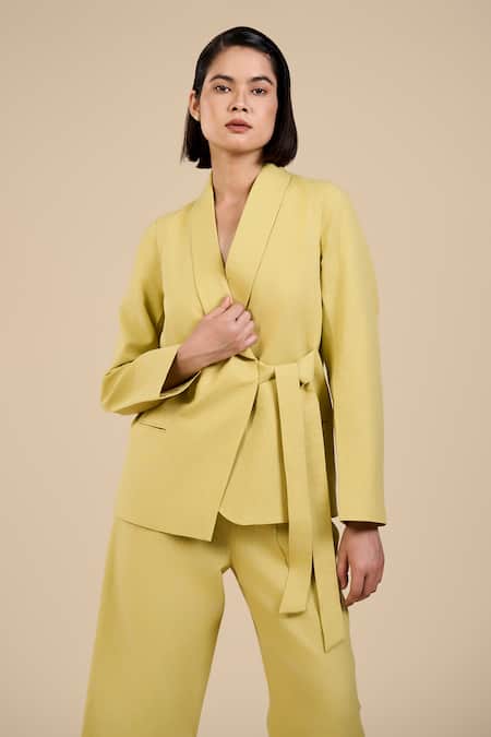 Shop Origani Green Linen, Voile Shawl Neck Collar Jacket And Pant Set Online at Aza Fashions Shop_Origani_Green Linen, Voile Shawl Neck Collar Jacket And Pant Set _Online_at_Aza_Fashions