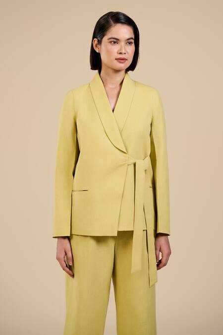 Origani Green Linen, Voile Shawl Neck Collar Jacket And Pant Set at Aza Fashions Origani_Green Linen, Voile Shawl Neck Collar Jacket And Pant Set _at_Aza_Fashions