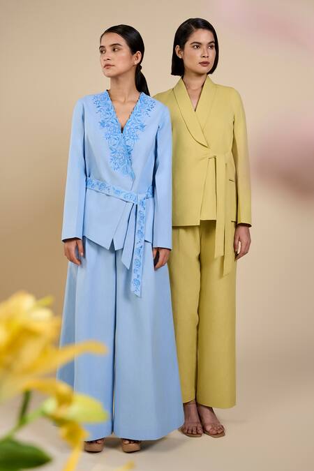 Buy Origani Green Linen, Voile Shawl Neck Collar Jacket And Pant Set Buy_Origani_Green Linen, Voile Shawl Neck Collar Jacket And Pant Set