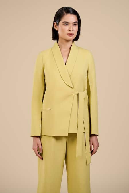 Buy Origani Green Linen, Voile Shawl Neck Collar Tie-up Jacket Online at Aza Fashions Buy_Origani_Green Linen, Voile Shawl Neck Collar Tie-up Jacket _Online_at_Aza_Fashions