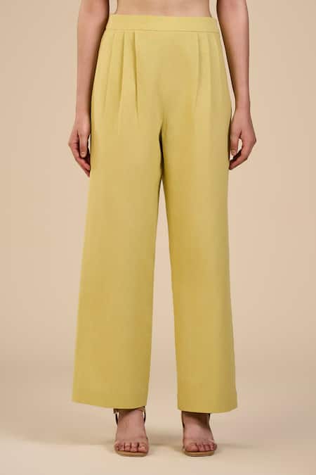 Origani_Green Linen Blend Straight Cut Front Pleat Pant_Online_at_Aza_Fashions