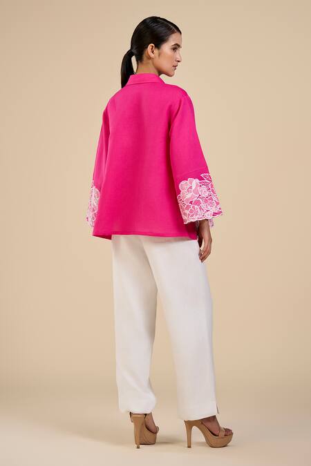 Origani Pink Linen, Voile Embroidery Petal Garden Floral Cutwork Shirt And Pant Set Online at Aza Fashions Origani_Pink Linen, Voile Embroidery Petal Garden Floral Cutwork Shirt And Pant Set _Online_at_Aza_Fashions