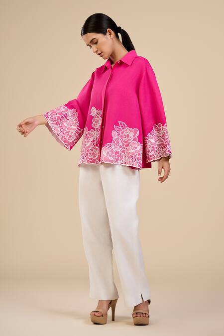 Buy Origani Pink Linen, Voile Embroidery Petal Garden Floral Cutwork Shirt And Pant Set Online at Aza Fashions Buy_Origani_Pink Linen, Voile Embroidery Petal Garden Floral Cutwork Shirt And Pant Set _Online_at_Aza_Fashions