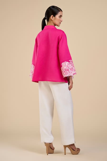 Origani Pink Linen Embroidery Collared Floral Cutwork Shirt Online at Aza Fashions Origani_Pink Linen Embroidery Collared Floral Cutwork Shirt _Online_at_Aza_Fashions